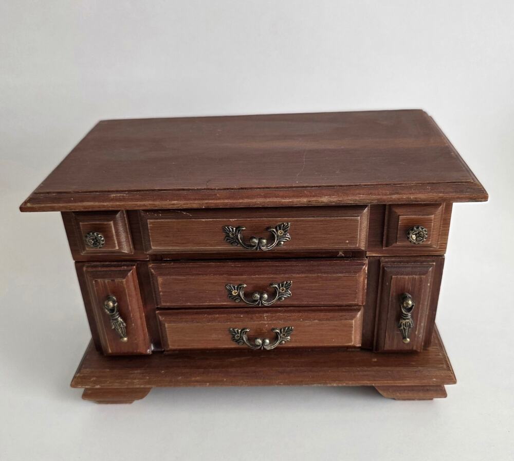 Wooden Jewelry Box Armoire Mirror Drawers Side Compartments Vintage Style